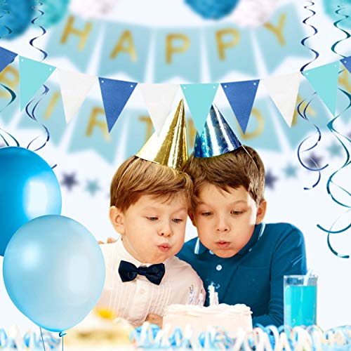 Kit Decoración Fiesta Cumpleaños Niño - Pancarta Happy Birthday, Pompones, Globos, Globos Confeti, Banderas, Serpentinas y Guirnalda - Conjunto Azul y Blanco para Celebración de Niño - 59 Piezas