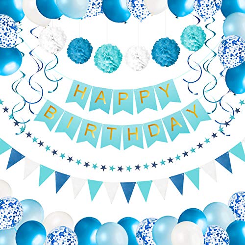 Kit Decoración Fiesta Cumpleaños Niño - Pancarta Happy Birthday, Pompones, Globos, Globos Confeti, Banderas, Serpentinas y Guirnalda - Conjunto Azul y Blanco para Celebración de Niño - 59 Piezas