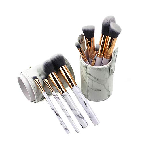 Kit pinceles maquillaje 10 piezas Mezcla Profesional por Líquido base Polvo esparcido Sonrojo Belleza Herramientas Cosmético Mullido Multifuncional Kabuki Portátil Viajar Con el cubo,Marbletexture