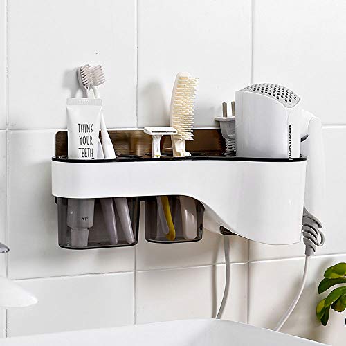Kitchen-dream Soporte para secador de Pelo, Soporte para secador de Pelo sin Taladro, Organizador de secador de Pelo con 2 Cajas de Almacenamiento, Resistente al Agua, Adhesivo Fuerte-Gris