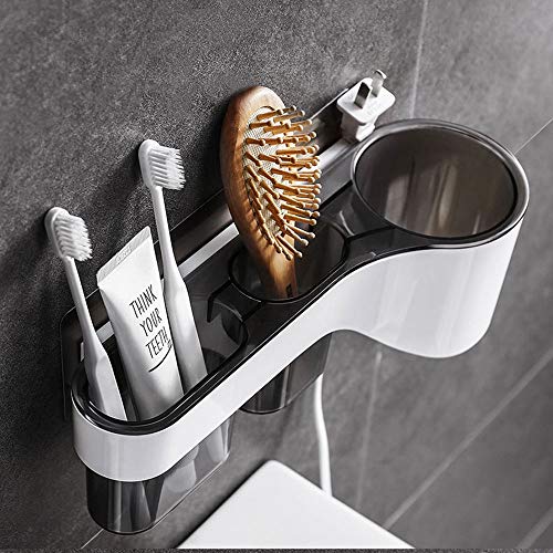 Kitchen-dream Soporte para secador de Pelo, Soporte para secador de Pelo sin Taladro, Organizador de secador de Pelo con 2 Cajas de Almacenamiento, Resistente al Agua, Adhesivo Fuerte-Gris