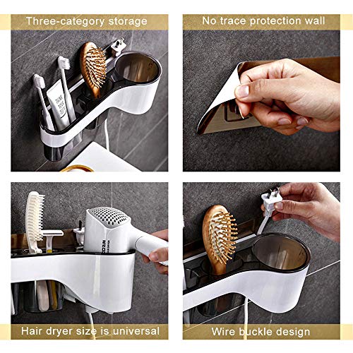 Kitchen-dream Soporte para secador de Pelo, Soporte para secador de Pelo sin Taladro, Organizador de secador de Pelo con 2 Cajas de Almacenamiento, Resistente al Agua, Adhesivo Fuerte-Gris