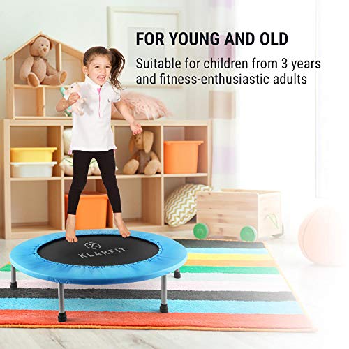 Klarfit Rocketbaby Cama elástica - Superficie de Salto de 96 cm, Hecho de Polipropileno, Estructura Rematada con Revestimiento en Polvo, Resiste hasta 100 kg, Apto para Interiores, Azul