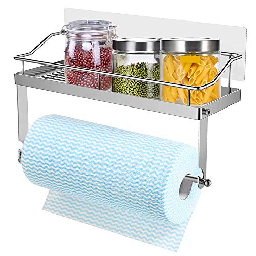 KONKY Adhesivo Portarrollos de Cocina con Estante Soportes, Estante de especias Acero Inoxidable Portarrollos Estante de Baño Sin Perforación