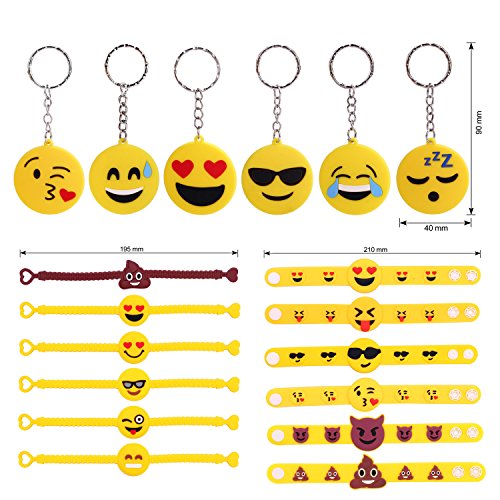 Konsait 70 Pack Emoji Bolsas de Cuerdas, Emoji Llavero, Emoji Pulseras de Silicona Goma, Emoji Tatuajes temporales para piñata artículos de Fiesta de cumpleaños Regalo Juguete for Niños Infantiles
