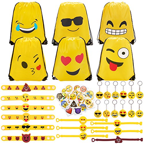 Konsait 70 Pack Emoji Bolsas de Cuerdas, Emoji Llavero, Emoji Pulseras de Silicona Goma, Emoji Tatuajes temporales para piñata artículos de Fiesta de cumpleaños Regalo Juguete for Niños Infantiles