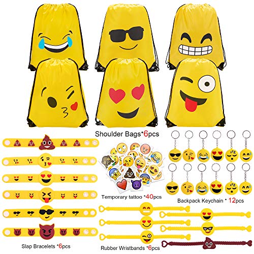 Konsait 70 Pack Emoji Bolsas de Cuerdas, Emoji Llavero, Emoji Pulseras de Silicona Goma, Emoji Tatuajes temporales para piñata artículos de Fiesta de cumpleaños Regalo Juguete for Niños Infantiles