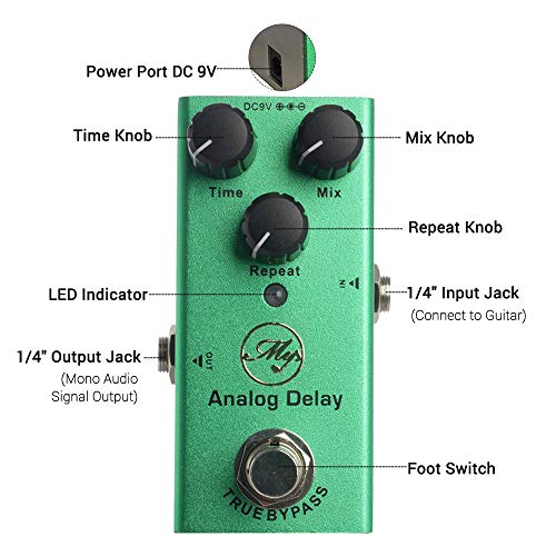 KTOO Pedal de efecto de guitarra de retardo analógico con perillas de control ABS Mini pedal único para guitarras eléctricas DC 9V verde oscuro