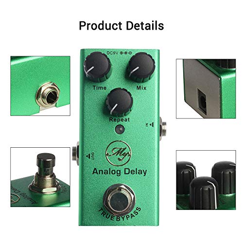 KTOO Pedal de efecto de guitarra de retardo analógico con perillas de control ABS Mini pedal único para guitarras eléctricas DC 9V verde oscuro