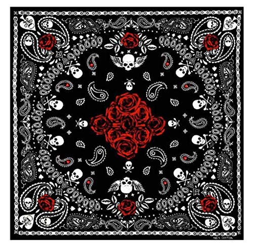 Kustom Factory - Bandana (55 x 55 cm), diseño de calavera y rosas rojas