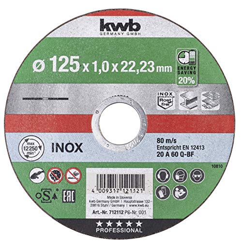 kwb 712112 AKKU-TOP - Disco de corte extrafino (125 mm, 125 x 1,0, para amoladora angular, disco flexible adecuado para acero inoxidable + metal, orificio 22,23 mm, 125 x 1,0)