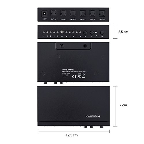 kwmobile SPDIF Switch 4 Puertos y 2 Salidas - Toslink Splitter Adaptador Matriz Audio Digital - Conmutador Matrix Mando a Distancia y Cable óptico