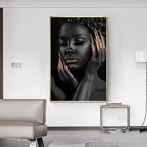 KWzEQ Chica Negra con Pintura de Esmalte de uñas de Oro Carteles de Arte de Moda e Impresiones sobre Lienzo en la Sala de Estar,Pintura sin Marco,60X90cm