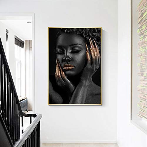 KWzEQ Chica Negra con Pintura de Esmalte de uñas de Oro Carteles de Arte de Moda e Impresiones sobre Lienzo en la Sala de Estar,Pintura sin Marco,60X90cm