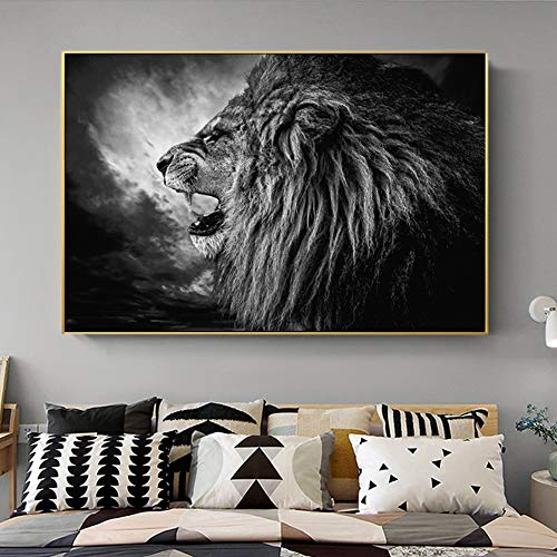 KWzEQ Imprimir en Lienzo Cartel de león rugiente en Blanco y Negro y decoración del hogar de la Sala de estar30x45cmPintura sin Marco