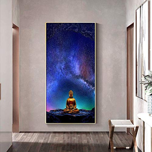 KWzEQ Meditación Estatua de Buda Lienzo Moderno Pintura al óleo Budismo decoración póster Arte de la Pared decoración del hogar，Pintura sin Marco，50x90cm