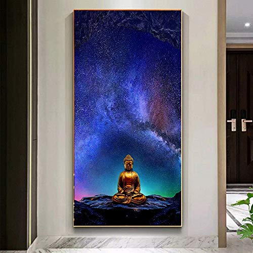 KWzEQ Meditación Estatua de Buda Lienzo Moderno Pintura al óleo Budismo decoración póster Arte de la Pared decoración del hogar，Pintura sin Marco，50x90cm