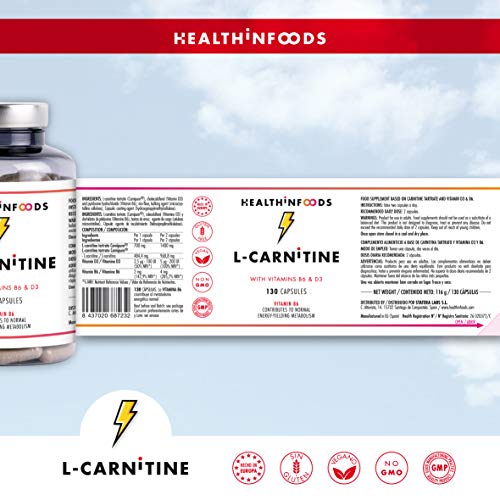 L-CARNITINA Alta Concentración Complemento L Carnitina Tartrato con Vitaminas B6 y D3 Quemagrasas, Mejora Energía Resistencia Rendimiento Deportivo Ayuda Adelgazar. 130 Cápsulas Veganas. Heathinfoods