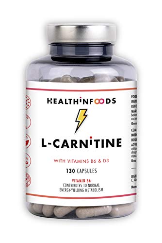L-CARNITINA Alta Concentración Complemento L Carnitina Tartrato con Vitaminas B6 y D3 Quemagrasas, Mejora Energía Resistencia Rendimiento Deportivo Ayuda Adelgazar. 130 Cápsulas Veganas. Heathinfoods