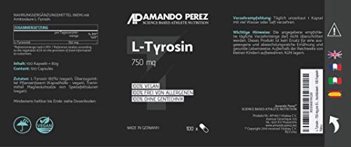 L-Tirosina, 750 mg por Ingesta, Dosis Altas, 100 Cápsulas