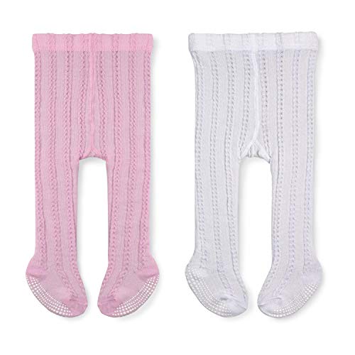 LA Active Polainas Antideslizantes Agarre - 2 Pares - Bebé Niña Infantil Recién Nacido - Algodón de Hilo Tejida (Blanco y Rosa, 12-24 Meses)