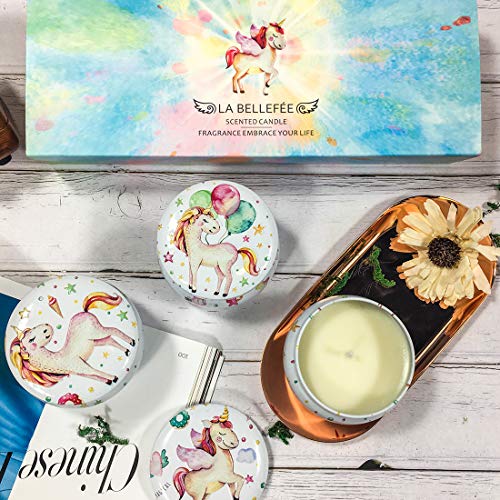 LA BELLEFÉE 3 Unicornio Velas Perfumadas Aromáticas Juego de Regalo Aromaterapia 100% Cera de Soja Natural, Incluye una Tarjeta de Felicitación, Fantasía, Milagro