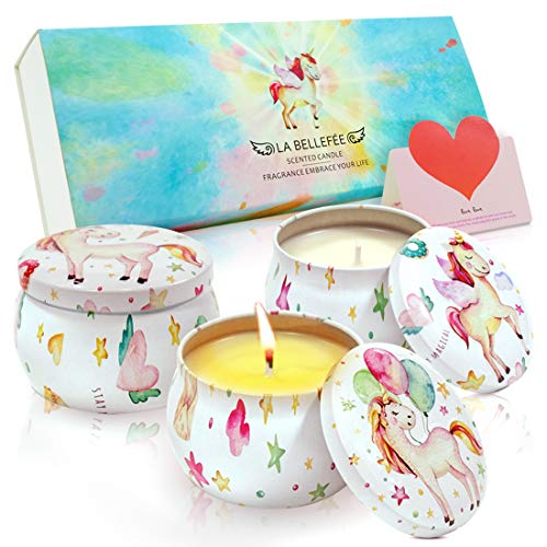 LA BELLEFÉE 3 Unicornio Velas Perfumadas Aromáticas Juego de Regalo Aromaterapia 100% Cera de Soja Natural, Incluye una Tarjeta de Felicitación, Fantasía, Milagro