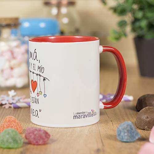 La Mente es Maravillosa - Taza con frase y dibujo divertido (Mamá, tu corazón y el mío siempre están en línea) Regalo original para MAMÁ