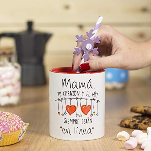 La Mente es Maravillosa - Taza con frase y dibujo divertido (Mamá, tu corazón y el mío siempre están en línea) Regalo original para MAMÁ