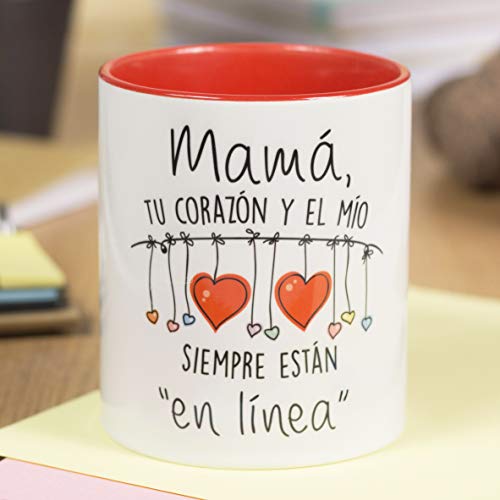 La Mente es Maravillosa - Taza con frase y dibujo divertido (Mamá, tu corazón y el mío siempre están en línea) Regalo original para MAMÁ
