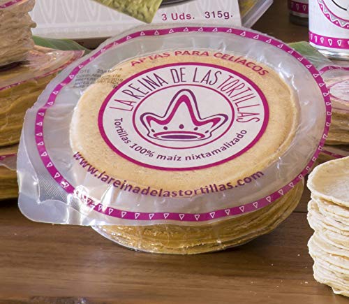 La Reina de las Tortillas - Líder europeo en gastronomía artesanal mexicana.Tortillas de maíz amarillo 100% nixtamalizado. Aptas para veganos y celíacos. Envasadas al vacío. Pack de 500 g. 12 cm. 4 meses de caducidad