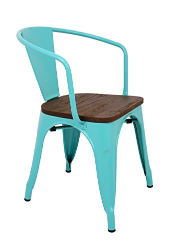 La Silla Española - Pack 2 Sillas estilo Tolix con respaldo, reposabrazos y asiento acabado en madera. Color Turquesa. Medidas 73x53,5x52