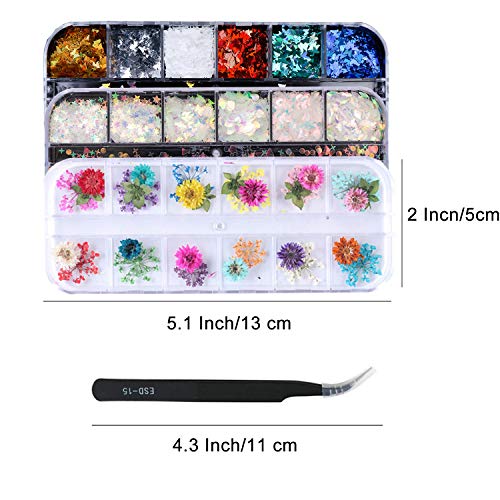 LABOTA 36 Cajas Lentejuelas de uñas holográficas, Mariposa 3D, Copos de sirena Lentejuelas coloridas de brillo de uñas, 12 colores Flores secas Diseño de uñas Diseño de calcomanías DIY Decoración