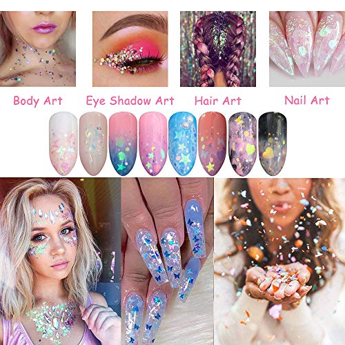 LABOTA 36 Cajas Lentejuelas de uñas holográficas, Mariposa 3D, Copos de sirena Lentejuelas coloridas de brillo de uñas, 12 colores Flores secas Diseño de uñas Diseño de calcomanías DIY Decoración