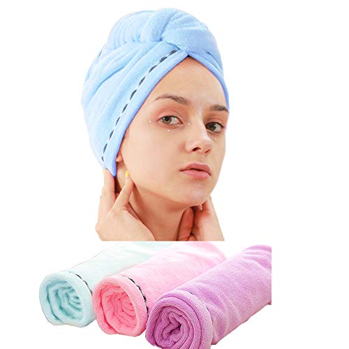 LaickyJuego de 3 Toallas de Microfibra para Secado de Pelo, Muy absorbentes, Turbante, Secado rápido, con Botones, Toalla de baño, Cierre de peluquería, Color Rosa, Azul, Morado