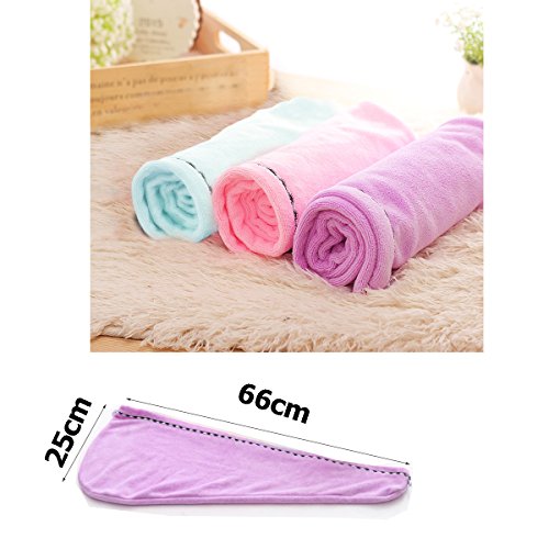 LaickyJuego de 3 Toallas de Microfibra para Secado de Pelo, Muy absorbentes, Turbante, Secado rápido, con Botones, Toalla de baño, Cierre de peluquería, Color Rosa, Azul, Morado