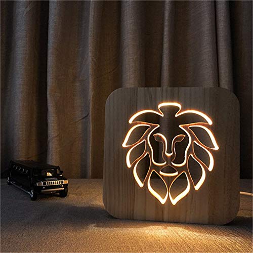 Lámpara 3D con forma de león, lámpara de mesa USB de estilo animal, decoración de la habitación de los niños, lámpara de talla de madera, soporte para regalo del Día de los niños