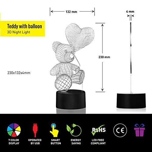 Lámpara de Ilusión Óptica 3D Oso de globo Luces de la noche del LED, FZAI Lámpara de mesa de mesa táctil Decoración hogareña 7 colores Efectos luminosos únicos para Regalo de la Navidad de los niños