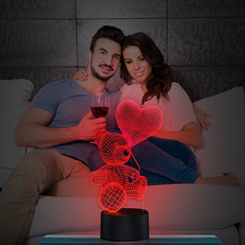 Lámpara de Ilusión Óptica 3D Oso de globo Luces de la noche del LED, FZAI Lámpara de mesa de mesa táctil Decoración hogareña 7 colores Efectos luminosos únicos para Regalo de la Navidad de los niños