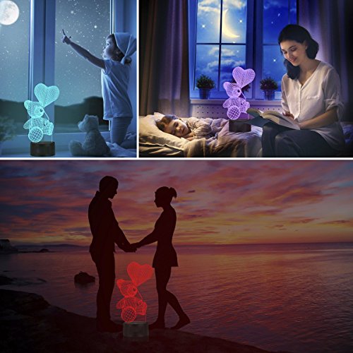 Lámpara de Ilusión Óptica 3D Oso de globo Luces de la noche del LED, FZAI Lámpara de mesa de mesa táctil Decoración hogareña 7 colores Efectos luminosos únicos para Regalo de la Navidad de los niños