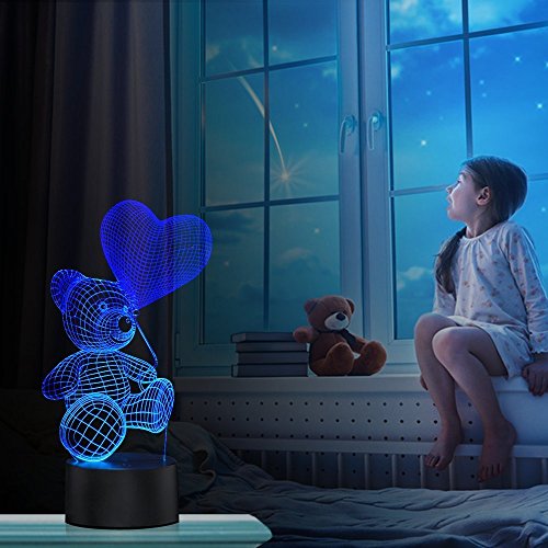 Lámpara de Ilusión Óptica 3D Oso de globo Luces de la noche del LED, FZAI Lámpara de mesa de mesa táctil Decoración hogareña 7 colores Efectos luminosos únicos para Regalo de la Navidad de los niños