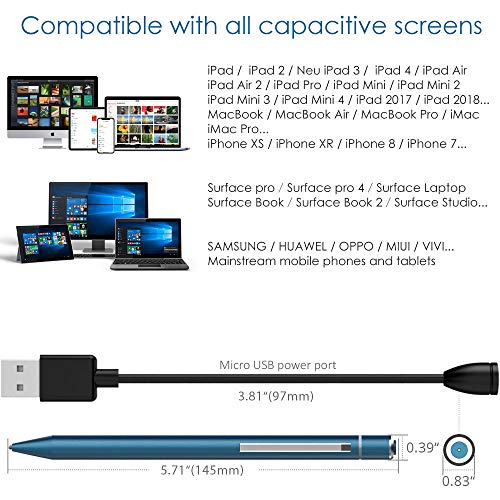 Lápiz Capacitivo con Estación de Carga magnética, Soporte de 30 días de 1,45 mm Punta Fina Universal Compatible con iPhone, iPad, Android, Samsung, Huawei, Surface, Tableta y Smartphone (Azul)