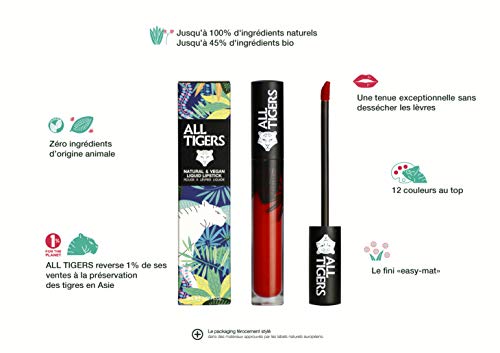 Lápiz Labial Líquido Mate Vegano y Natural - Larga Duración - Color : Rojo Puro"Call Me Queen" 888 - Pintalabios Sin Derivados Petroquímicos - Ingredientes Orgánicos - ALL TIGERS