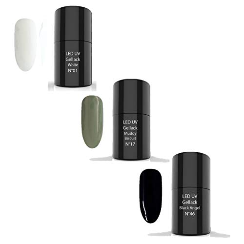 LED-UV Nail Polish Gel SET N° 10 - Esmalte en gel, 1x N°01 White - 1x N°17 Muddy Biscuit - 1x N°46 Black Angel