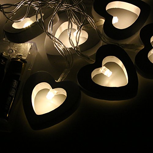 LEDMOMO LED Corazón de Madera Guirnalda Luminosa Bateria Operado Cadena de Luces Impermeable (Luz Blanca Cálida)