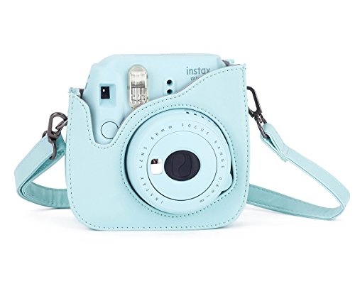 Leebotree Funda Compatible con Instax Mini 9 / Mini 8 8+ Cámara Instantánea, Bolsa de Transporte Fabricada en Cuero, Dispone de Una Correa de Proteger y Bolsillo (Azul Hielo)
