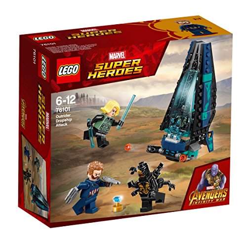 LEGO Super Heroes Ataque de la nave de los Outriders, set de construcción de juguete para recrear las aventuras de los Vengadores, incluye minifiguras de la Viuda Negra y de Capitán America (76101)