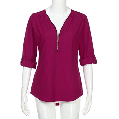 Lenfesh Camiseta de Gasa para Mujer, Sexy Atractiva Cuello V Mangas Medias Camisas Tops Blusas Blusa con Cremallera Escote (XL, Rosado)