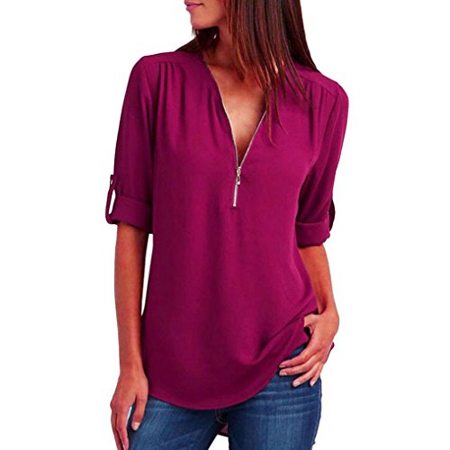 Lenfesh Camiseta de Gasa para Mujer, Sexy Atractiva Cuello V Mangas Medias Camisas Tops Blusas Blusa con Cremallera Escote (XL, Rosado)