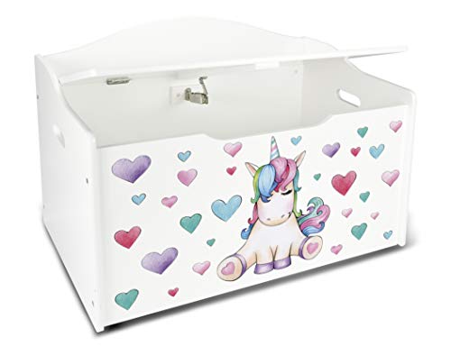 Leomark Caja de Madera XL Banco Blanco con Almacenamiento para Juguetes, Accesorios Baúl de Juguetes Tema: Unicornio, Dim: 68 x 42 x 46 (alto) cm